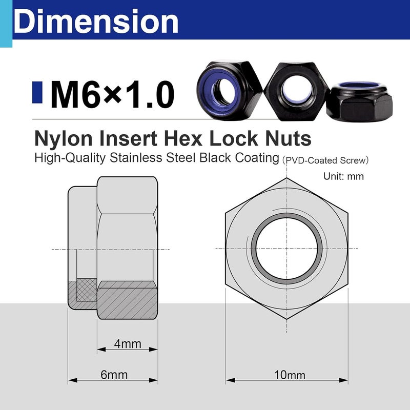 Usdrwam 100 Pack M6-1.0 Lock Nuts, 304 Stainless Steel Black PVD Hex Nylock Nuts for Machinery and Construction Equipment - Image 2
